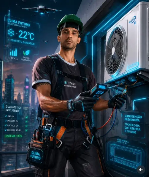 André, técnico da Clima Futuro, realizando manutenção em ar-condicionado